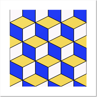 Blue Yellow 3D-Look Cubism Geometric Pattern Posters and Art